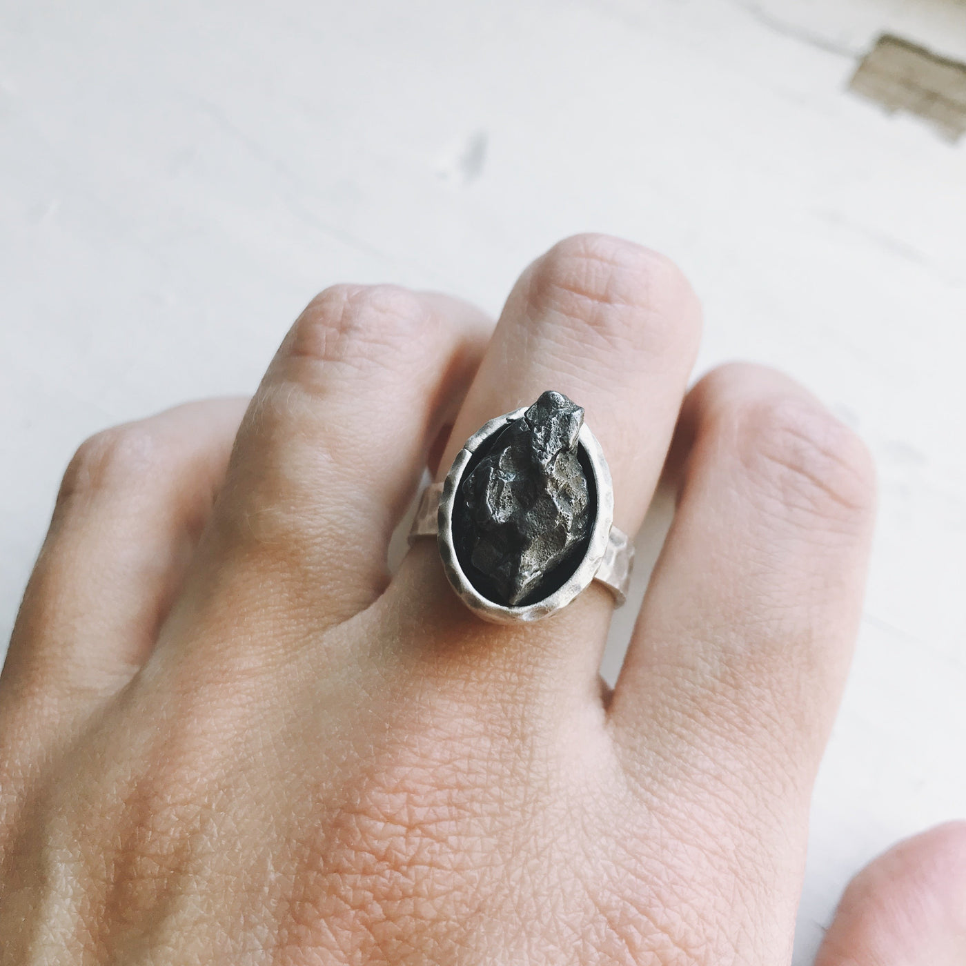 Oval Raw Meteorite Ring in Silver - Roses & Chains | Fashionable Clothing, Shoes, Accessories, & More