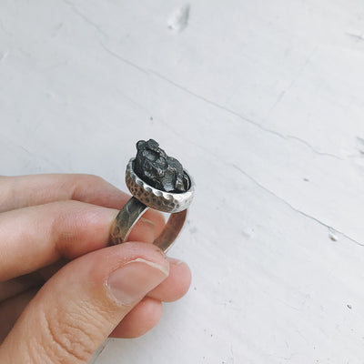 Oval Raw Meteorite Ring in Silver - Roses & Chains | Fashionable Clothing, Shoes, Accessories, & More