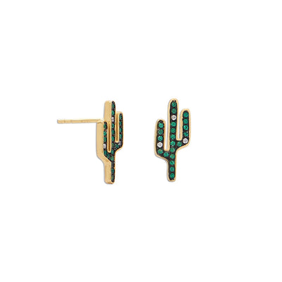 Saguaro in Bloom Cactus Stud Earrings - 14 Karat Gold Plated CZ 