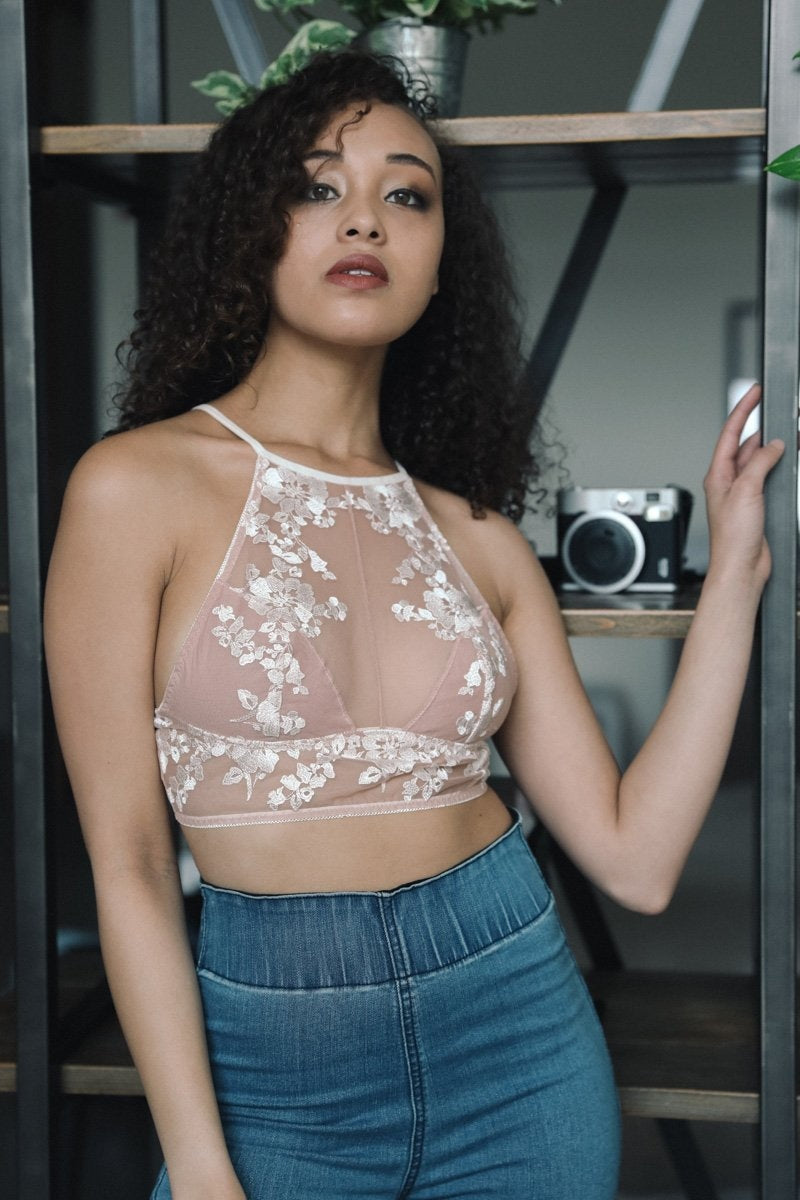 Gorgeous Flower Embroidery High Neck Bralette Top (Available in Multiple Colors) - Roses & Chains | Fashionable Clothing, Shoes, Accessories, & More