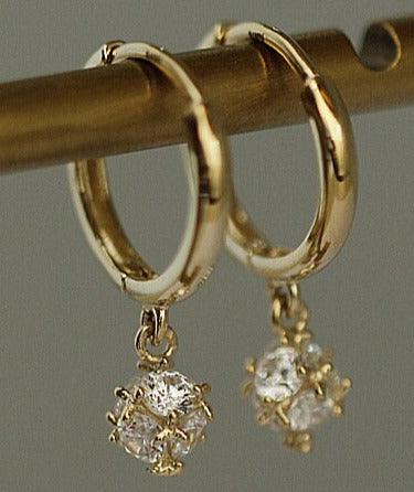 9K Solid Gold Small Hoop Earrings With Zircon Drop