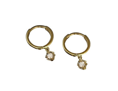 9K Solid Gold Small Hoop Earrings With Zircon Drop