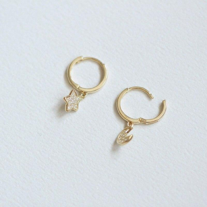 9k Solid Gold Hoop Earrings With Crystal-adorned moon and star charm