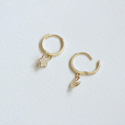 9k Solid Gold Hoop Earrings With Crystal-adorned moon and star charm