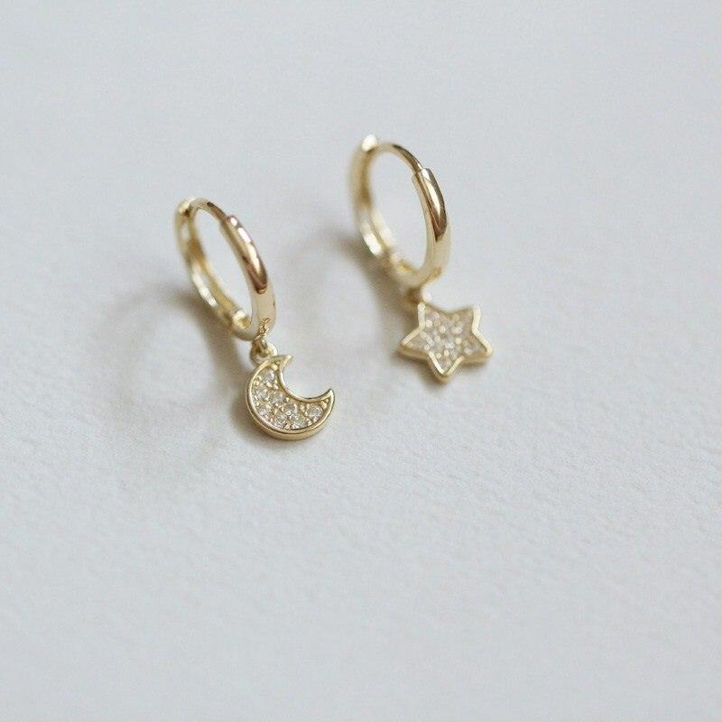 9k Solid Gold Hoop Earrings With Crystal-adorned moon and star charm