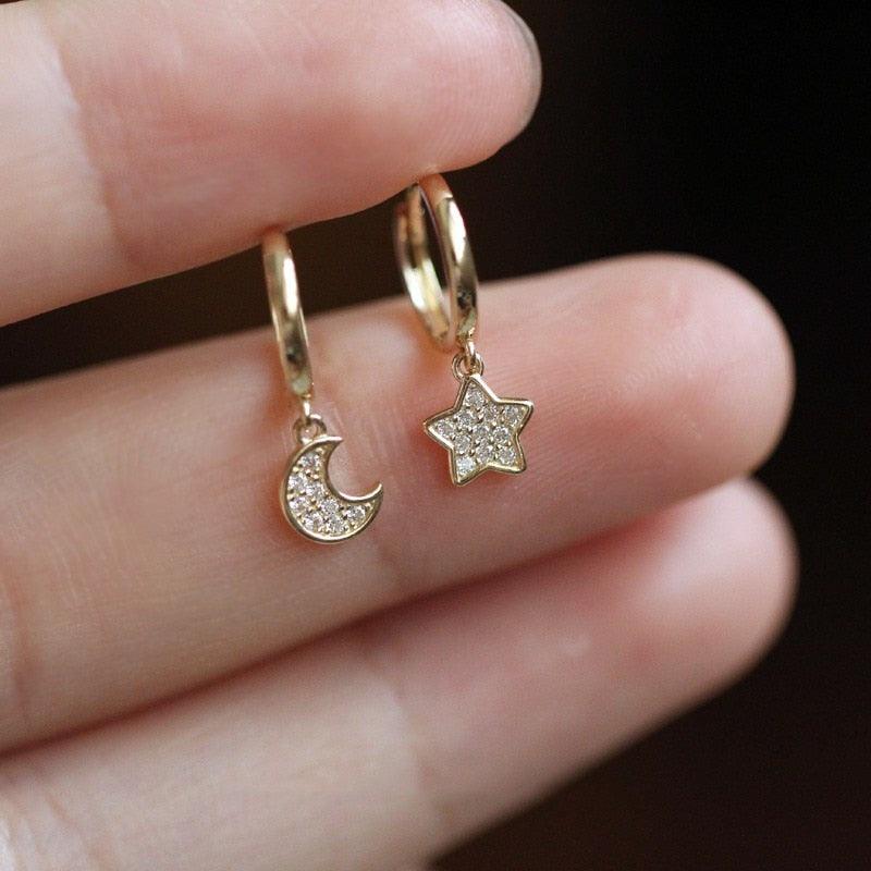 9k Solid Gold Hoop Earrings With Crystal-adorned moon and star charm