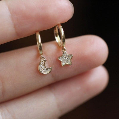 9k Solid Gold Hoop Earrings With Crystal-adorned moon and star charm