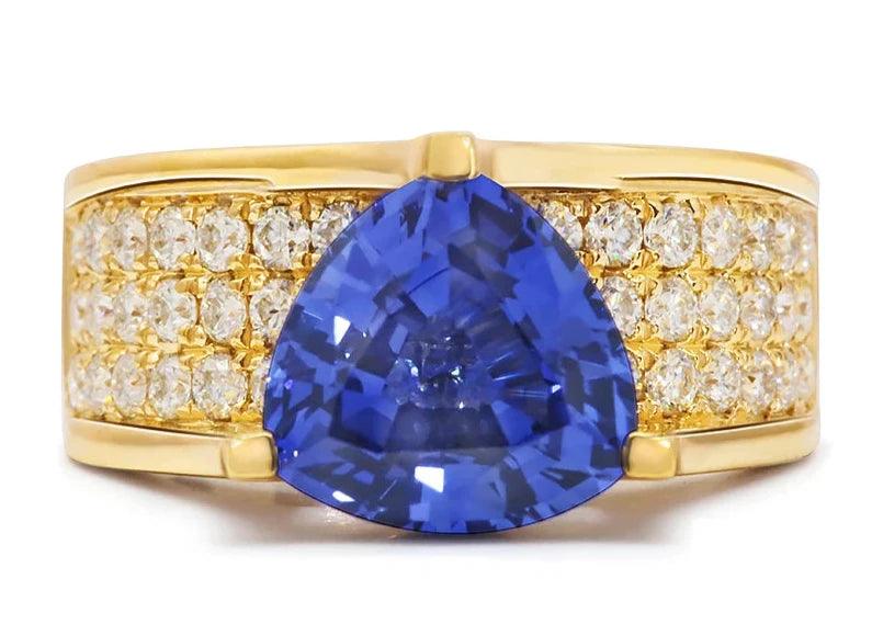 Solid Gold 3 Carat Trillion Cut, Lab Created Sapphire Ring