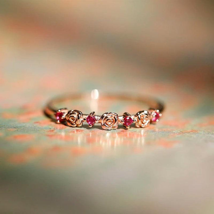 Exquisite 9K Rose Gold Ring, Adorned With Rubies And Roses