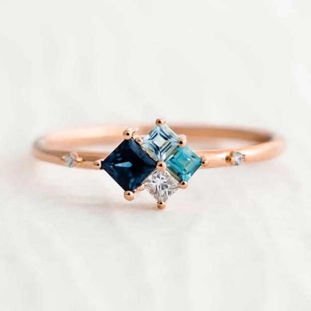 Princess Cut Blue Sapphire Tourmaline And White Moissanite Ring