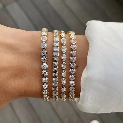 Various shaped, geometric bezel, Cubic Zirconia tennis chain bracelet