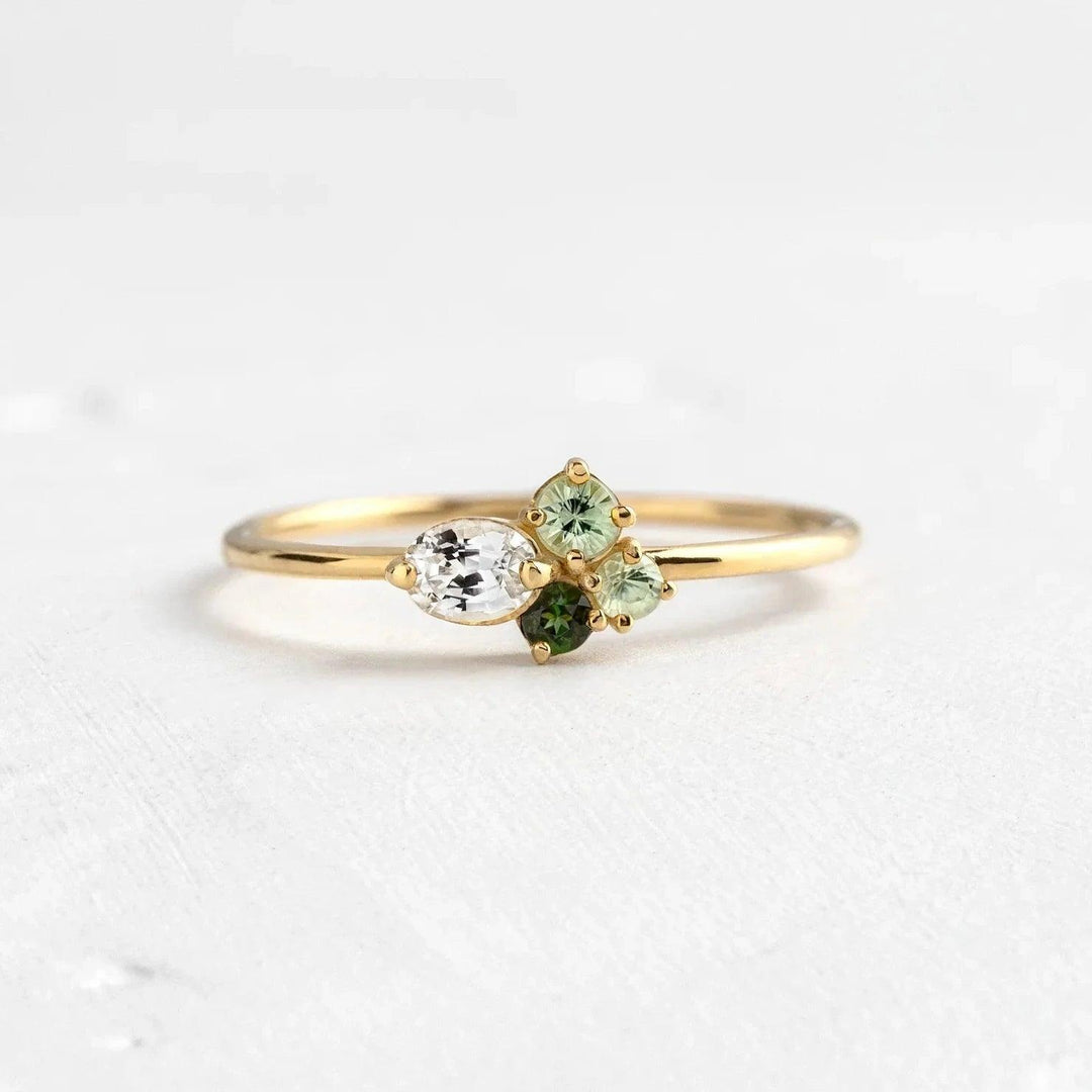 Green Tourmaline, Sapphire And Moissanite Ring (9k, 14K, 18K Yellow Or White Gold)