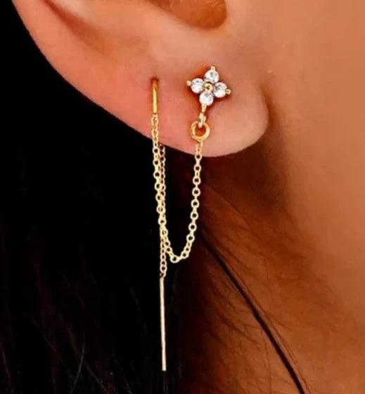 18k Gold Plated Threaded Stud Earrings, With Zirconia Flower