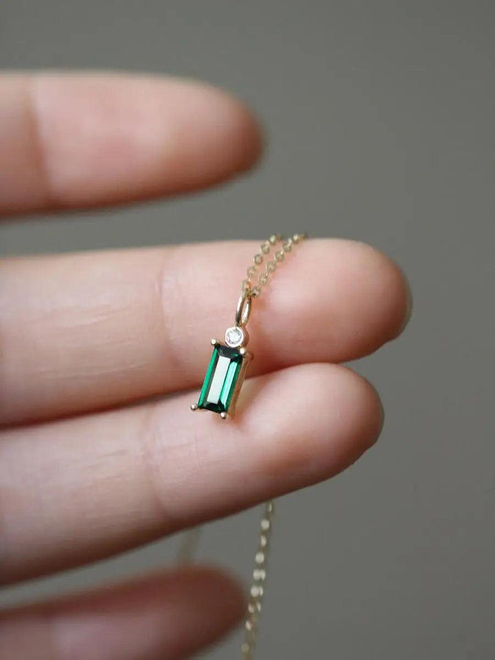 9K Solid Gold Baguette Emerald Green Zircon Pendant