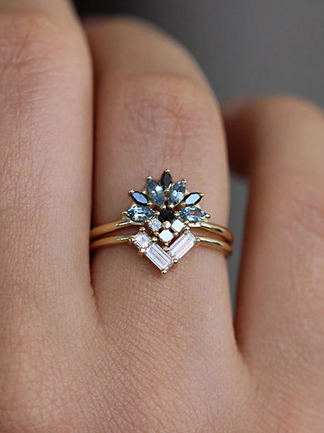 Colorful 18k gold, moissanite Sapphire, and Blue Crystal Ring- Yellow Or White Gold Options