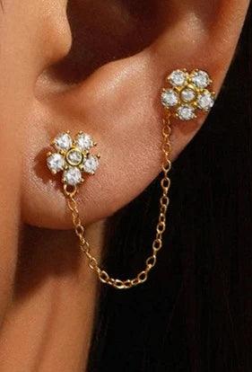 18k Gold Plated Threaded Stud Earrings, With Zirconia Flower