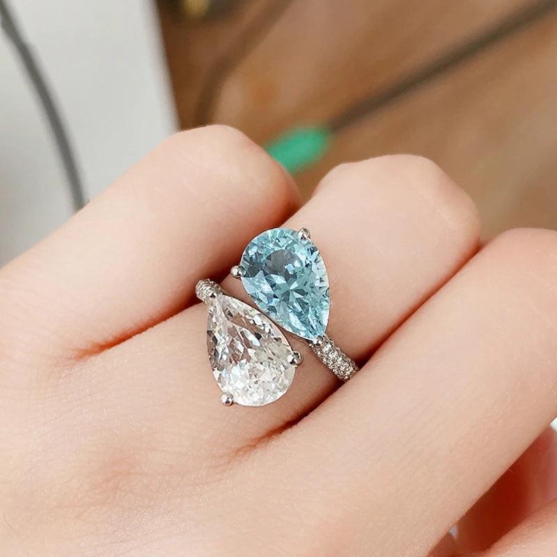 Gold Plated White And Blue Zircon Crystal Ring