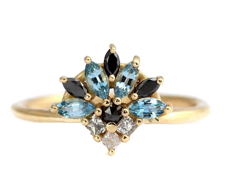 Colorful 18k gold, moissanite Sapphire, and Blue Crystal Ring- Yellow Or White Gold Options