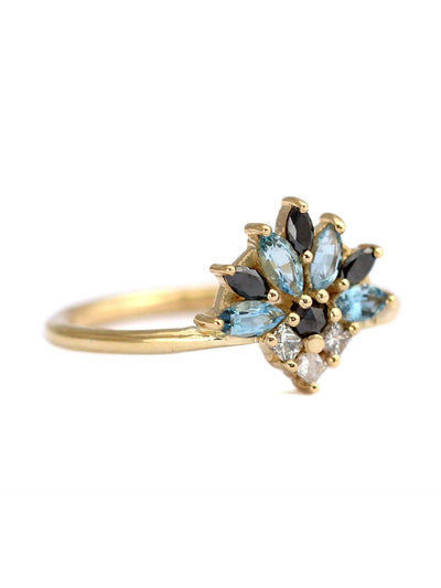 Colorful 18k gold, moissanite Sapphire, and Blue Crystal Ring- Yellow Or White Gold Options