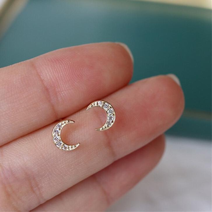 Solid 9K White Gold Crescent Moon Earrings With Zircon Stones