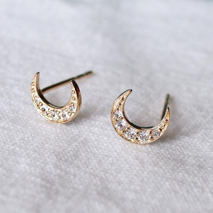 Solid 9K White Gold Crescent Moon Earrings With Zircon Stones