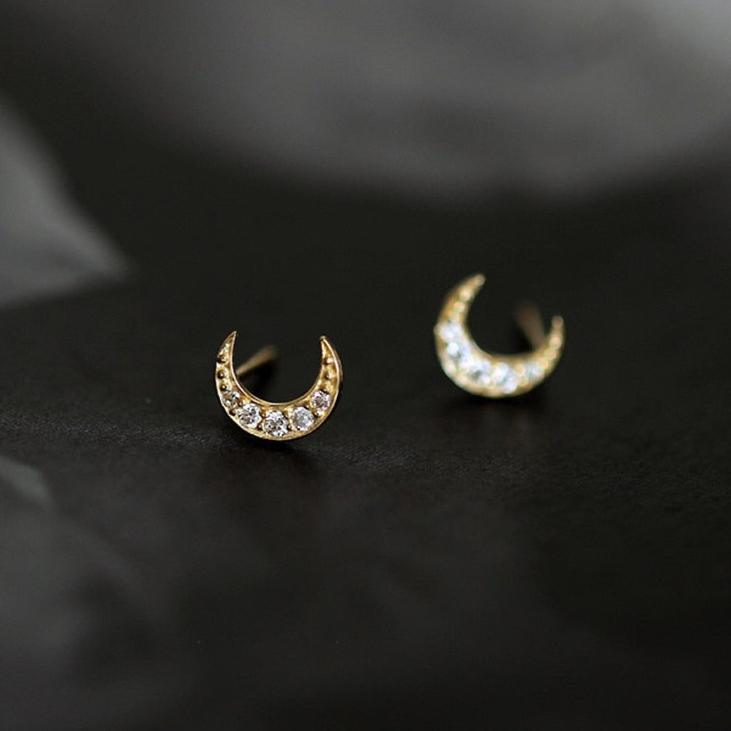 Solid 9K White Gold Crescent Moon Earrings With Zircon Stones