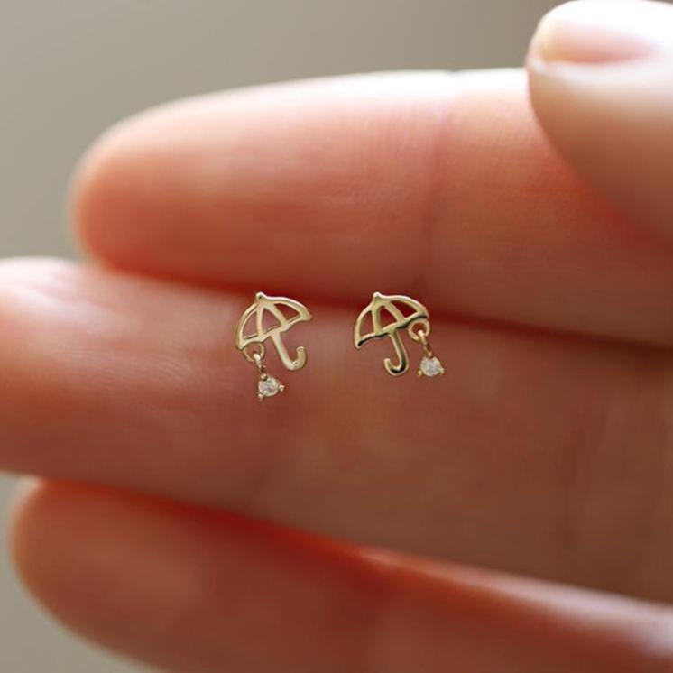 Solid 9K Gold Umbrella Stud Earrings With Zircon Gems