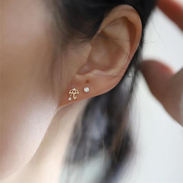 Solid 9K Gold Umbrella Stud Earrings With Zircon Gems