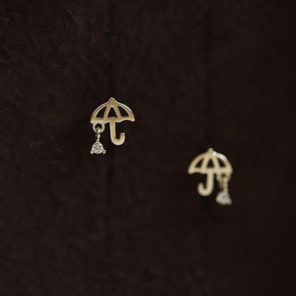 Solid 9K Gold Umbrella Stud Earrings With Zircon Gems