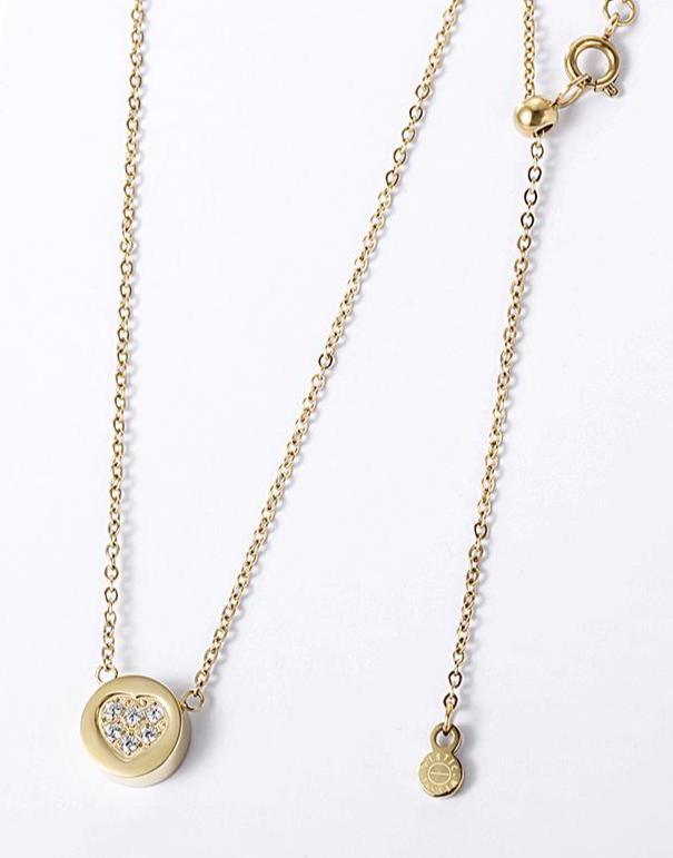 14K Gold Plated CZ Heart Shaped Disc Pendant Necklace