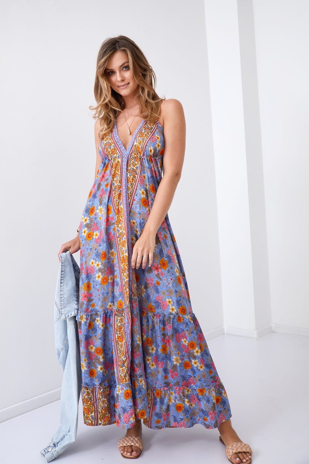 Maxi dress with straps blue and pink