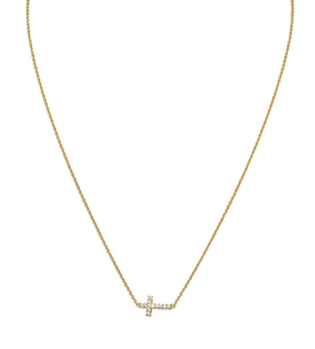 14K Gold Plated Necklace with Sideways CZ Cross