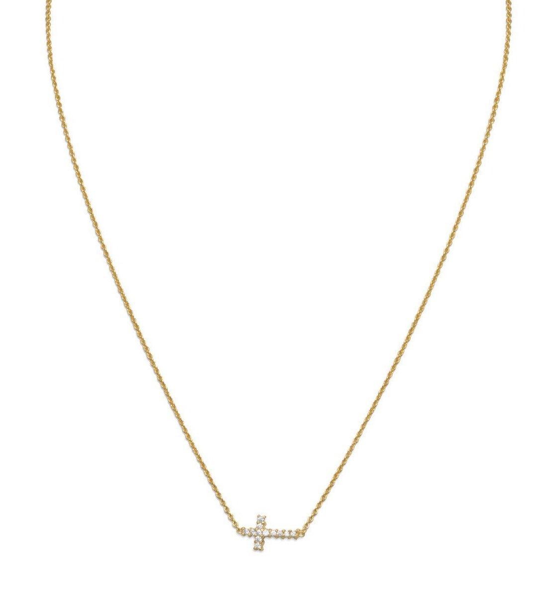 14K Gold Plated Necklace with Sideways CZ Cross