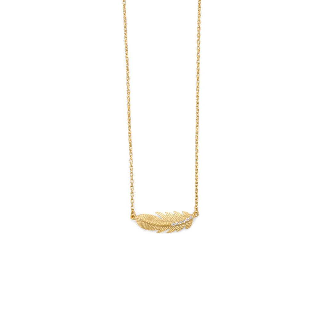 Sideways Feather Necklace - Karat Gold Plated With CZ 