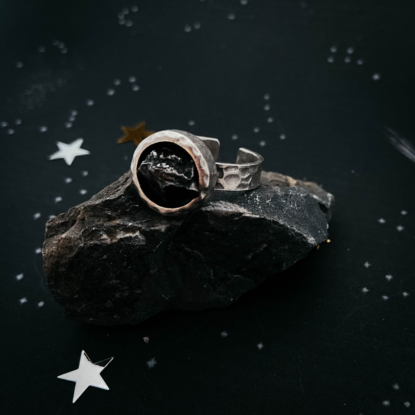 Chunky Round Raw Meteorite Ring in Silver - Roses & Chains | Fashionable Clothing, Shoes, Accessories, & More