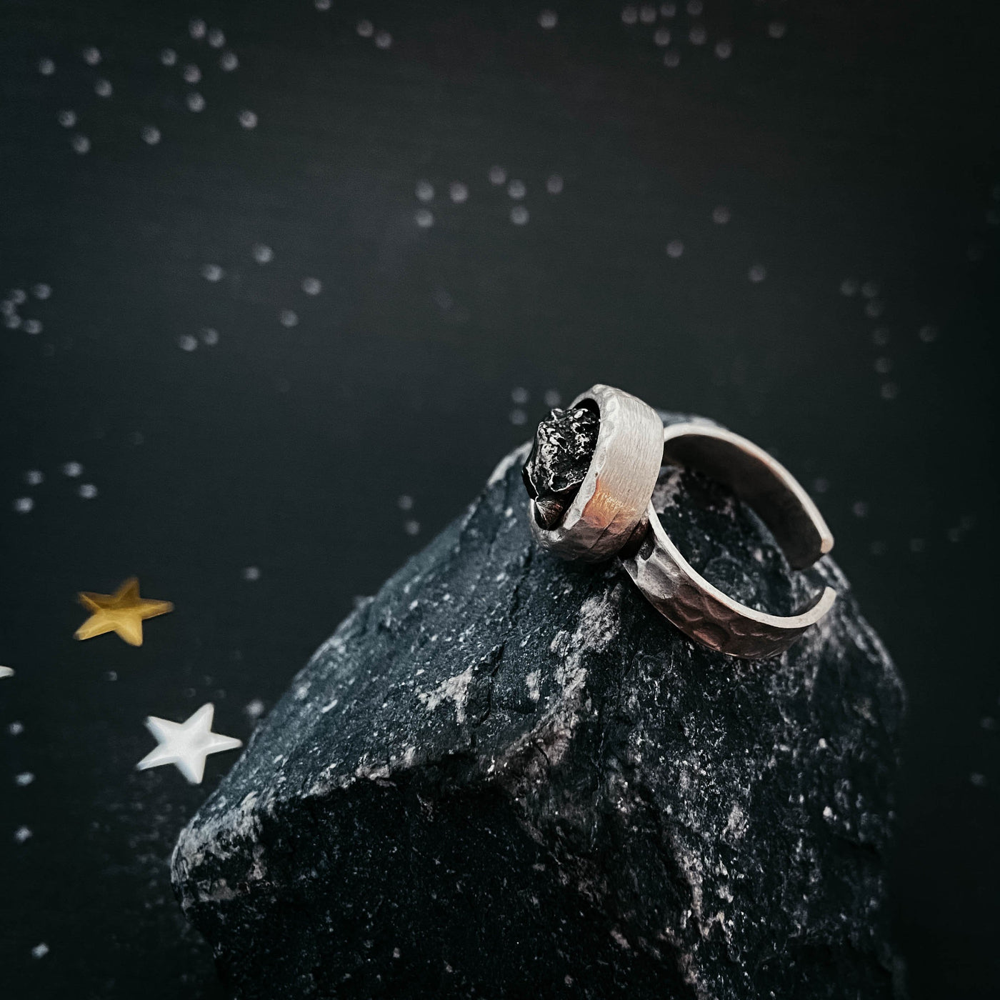 Chunky Round Raw Meteorite Ring in Silver - Roses & Chains | Fashionable Clothing, Shoes, Accessories, & More