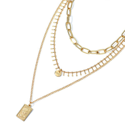 Three Layer Necklace with a Rectangle Pendant 14k Gold Plated - Roses & Chains | Fashionable Clothing, Shoes, Accessories, & More