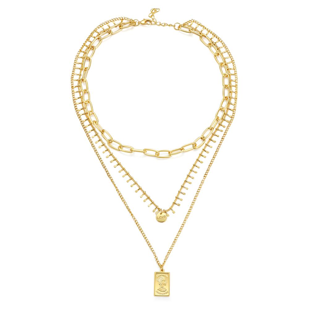 Three Layer Necklace with a Rectangle Pendant 14k Gold Plated - Roses & Chains | Fashionable Clothing, Shoes, Accessories, & More